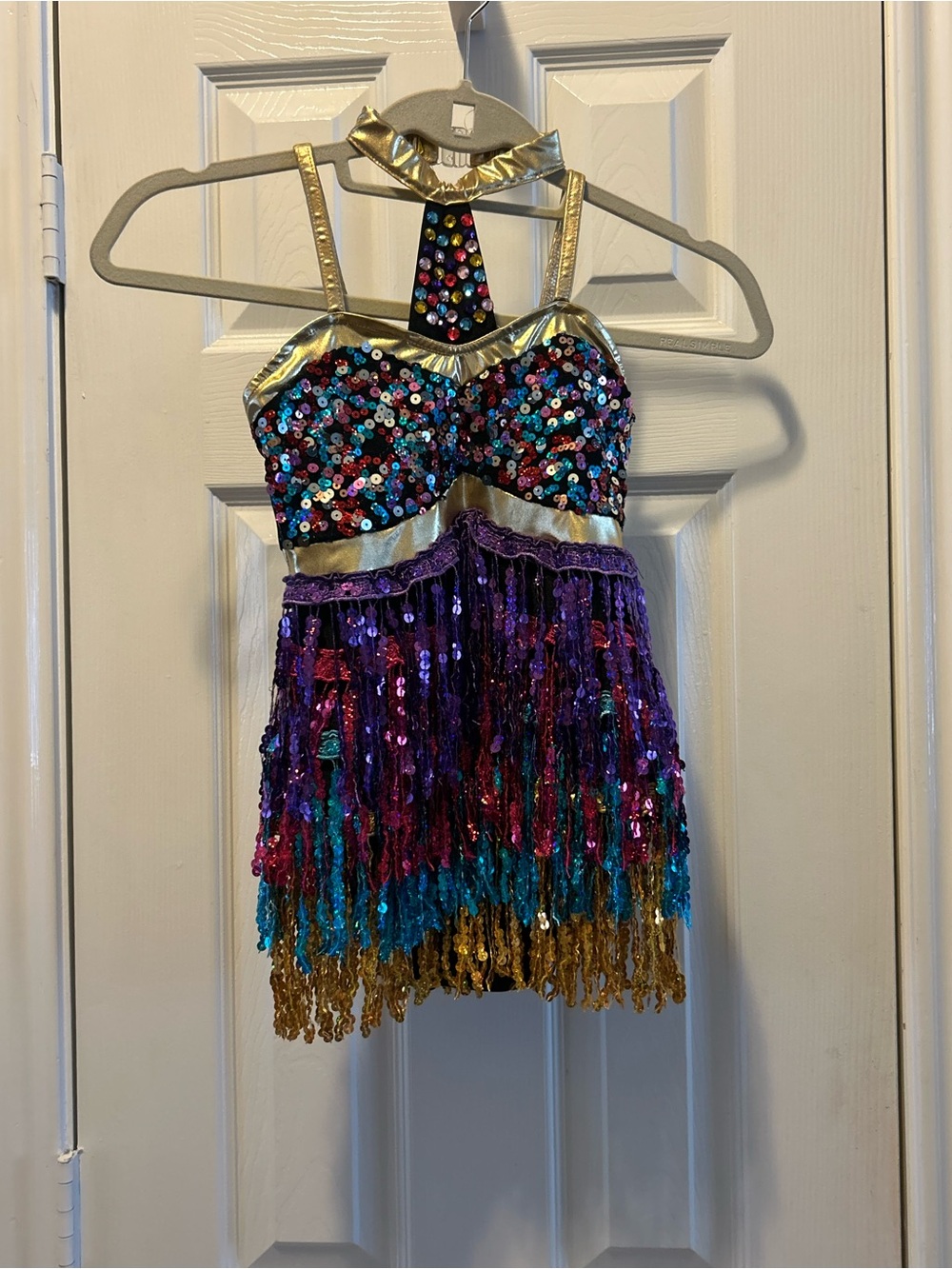Multicolor Sequin Fringe Kids One-Piece Bodysuit with Gold Trim